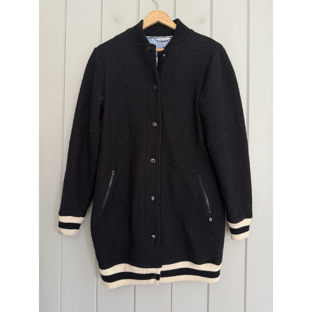 Kari Traa Women Long Boiled Wool Bomber Jacket S Small Black Snap Streetwear